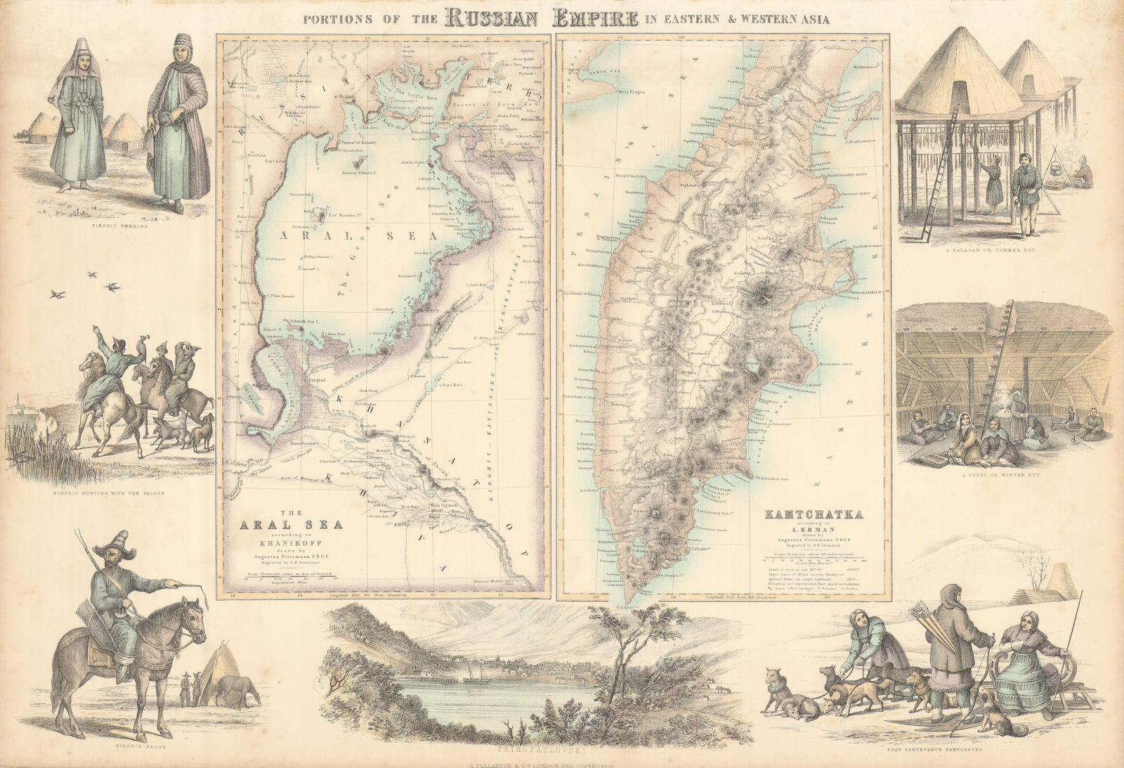 Russian Empire. Aral Sea & Kamtchatka. FULLARTON c1863 old antique map chart